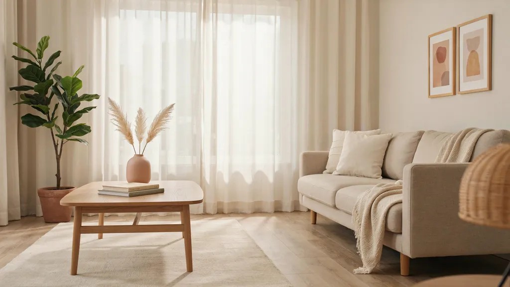 Lightweight sheer curtains softly filtering natural sunlight through a window.