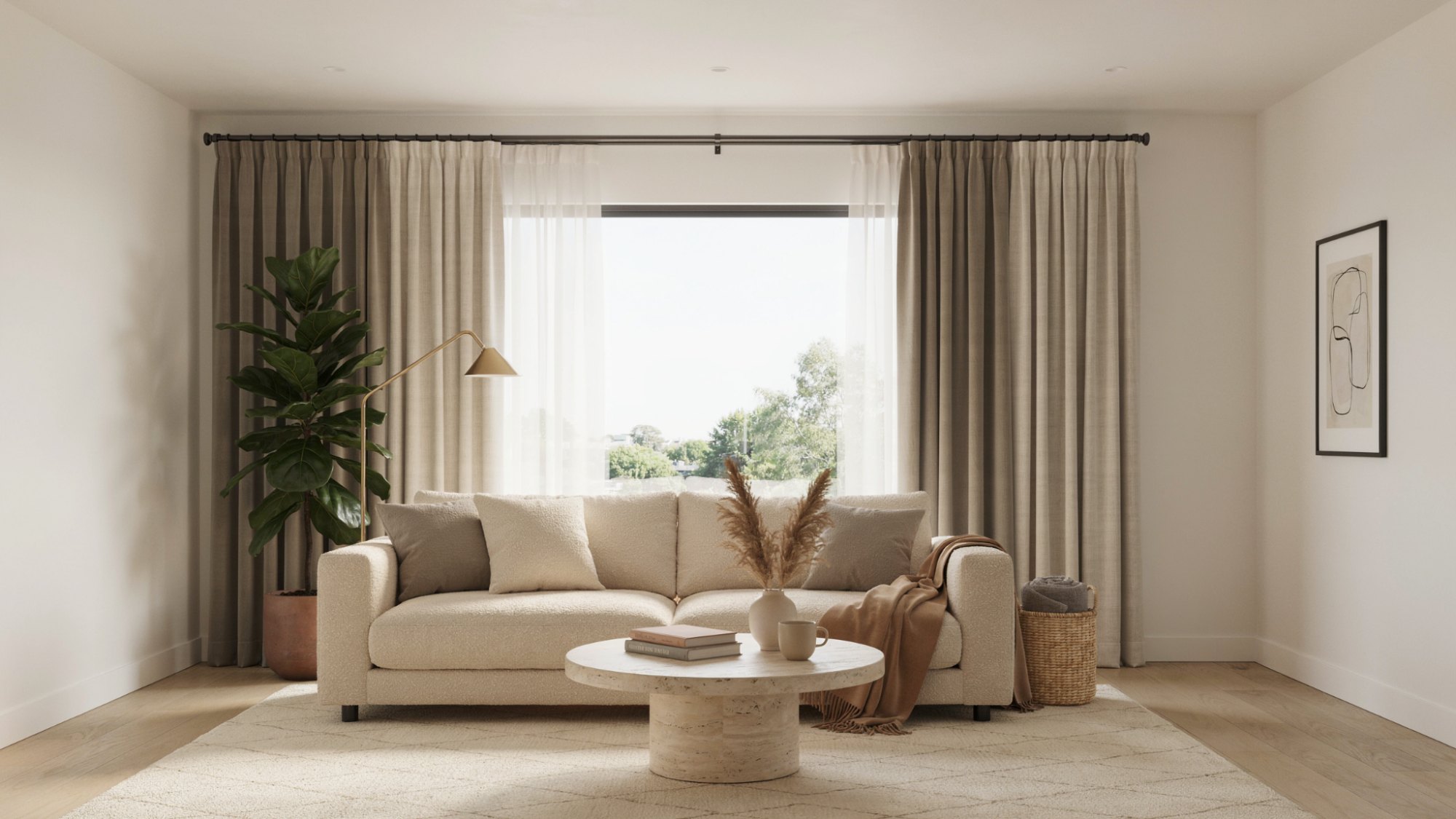Modern living room showcasing different curtain styles and fabrics on large windows.