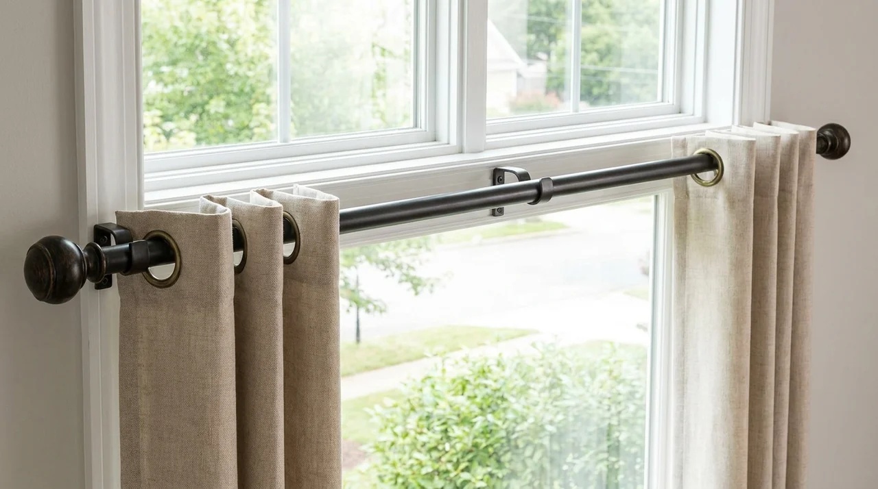 Curtain rod secured in brackets with finials attached and grommet panels evenly positioned.