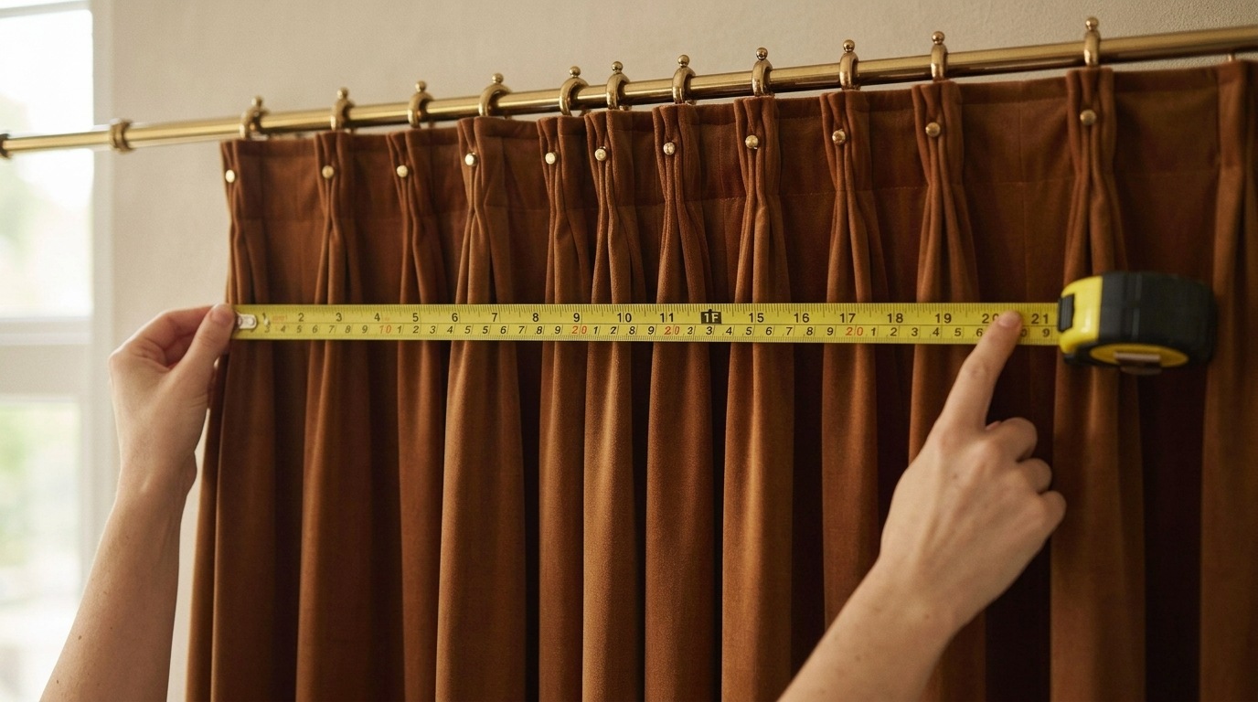Hands measuring brown velvet pinch pleat curtains on brass rod with yellow tape measure showing width