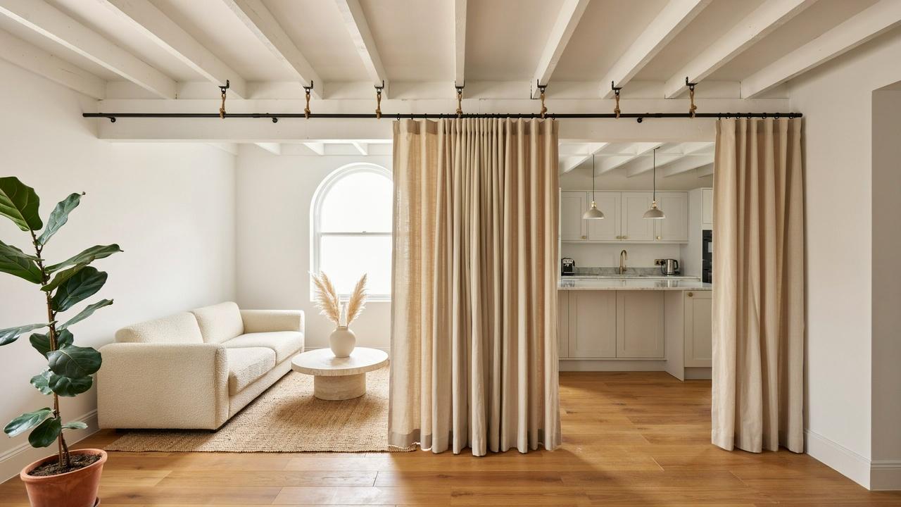 Ceiling-mounted DIY curtain rod supporting floor-to-ceiling curtains.