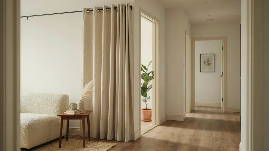 Full-length doorway curtains separating two interior spaces.