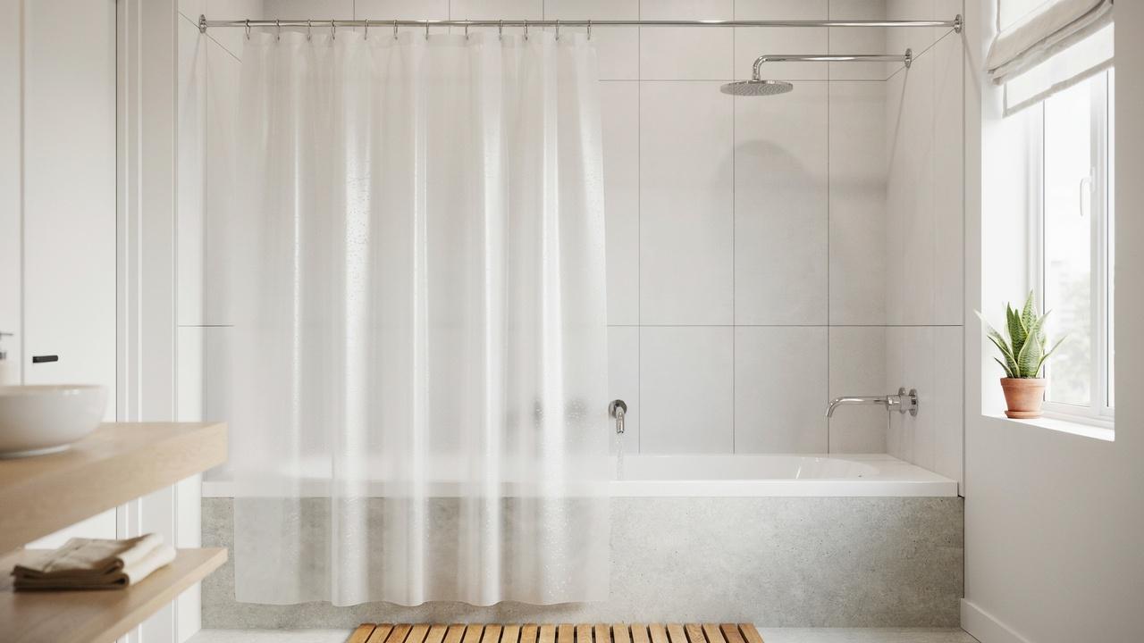 PEVA shower curtain in a clean modern bathroom showing a practical everyday setup.