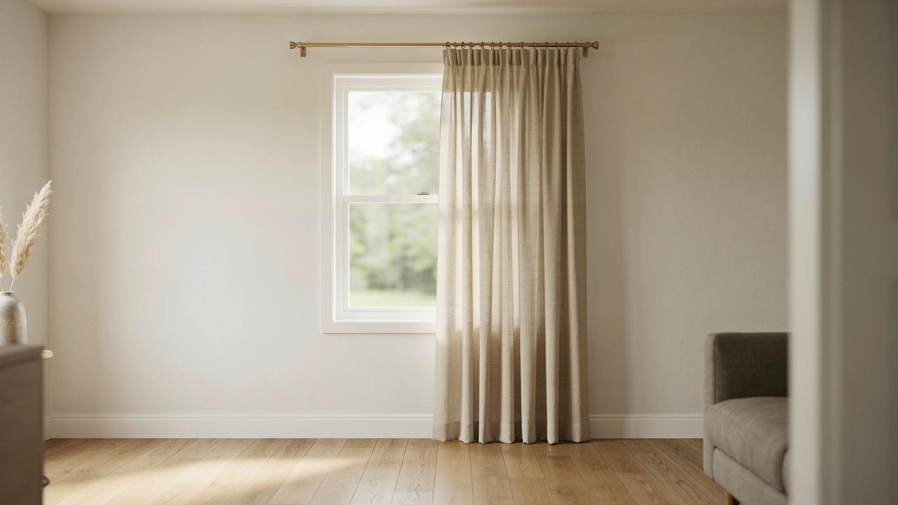 Single curtain rod holding one layer of curtains over a modern window.