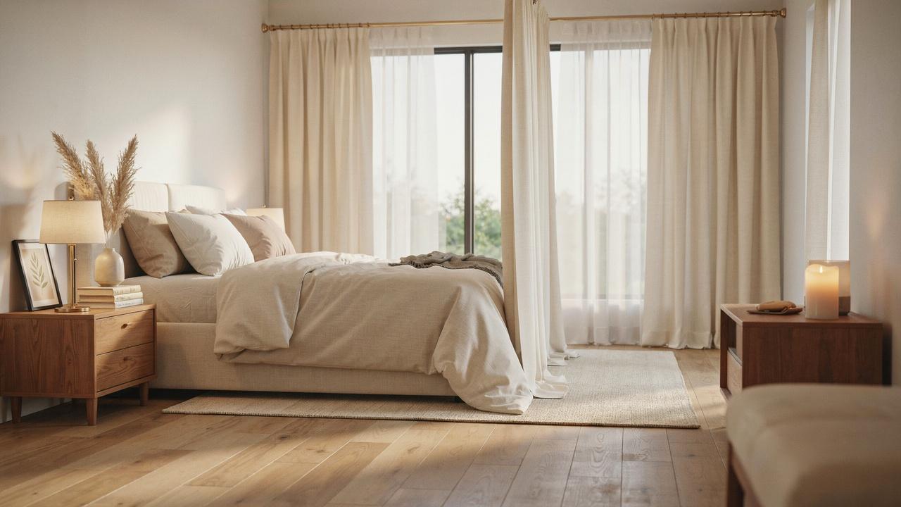 Modern bedroom with low platform bed, beige curtains backdrop, brass arc lamps, wooden nightstand.