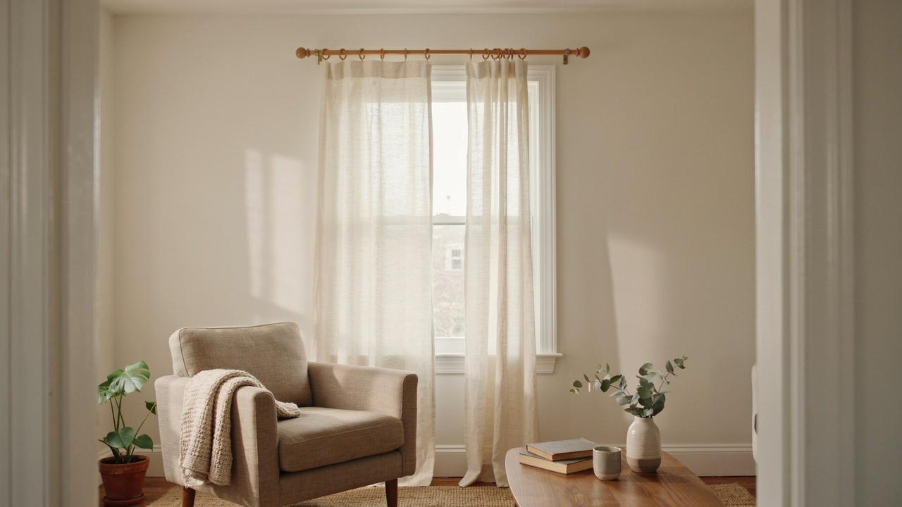 Wooden dowel curtain rod holding curtains over a bright home window.