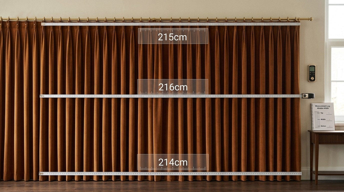 Brown velvet curtains measured at three points showing 215cm top 216cm middle 214cm bottom width on brass rod