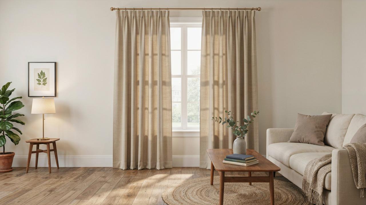 Double curtain panels framing a living room window symmetrically.