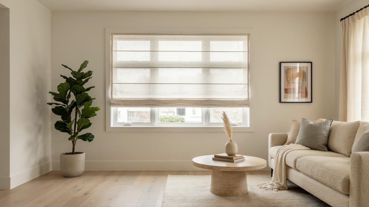 Relaxed Roman shade with soft curved folds covering a cozy living room window.