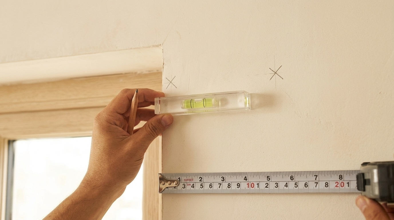 Hand holding pencil and spirit level against wall marking drill points near window frame while measuring with tape measure
