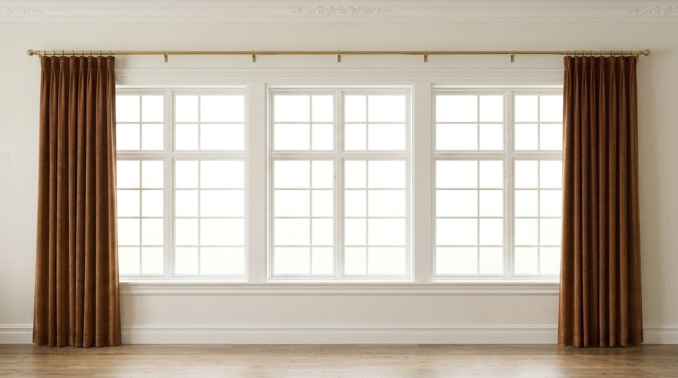 Brown velvet curtains on extra-long brass rod with empty middle brackets spanning triple window wall