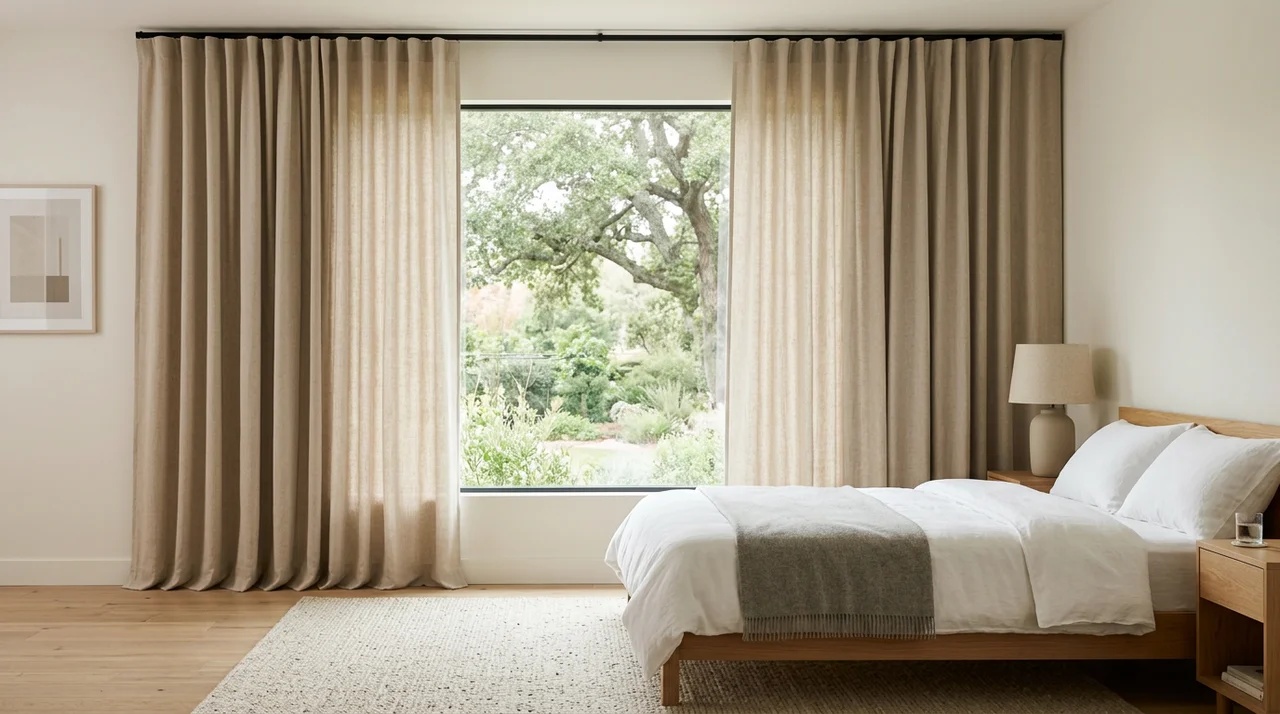 Back tab curtains with hidden hardware and smooth folds in a minimalist bedroom.