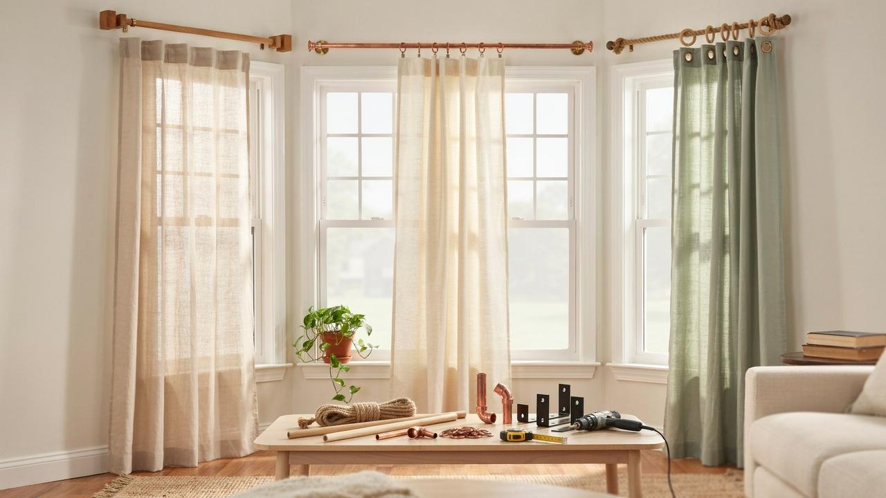 Handmade wooden, copper pipe, and rope curtain rods displayed on a bright home window.