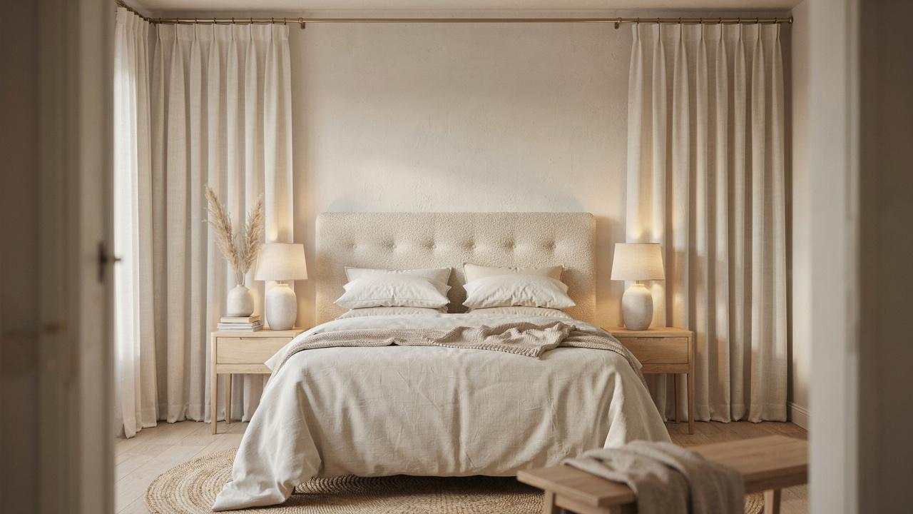 Cozy boucle tufted bedroom with beige linen bedding, white table lamps, linen curtains, jute rug.
