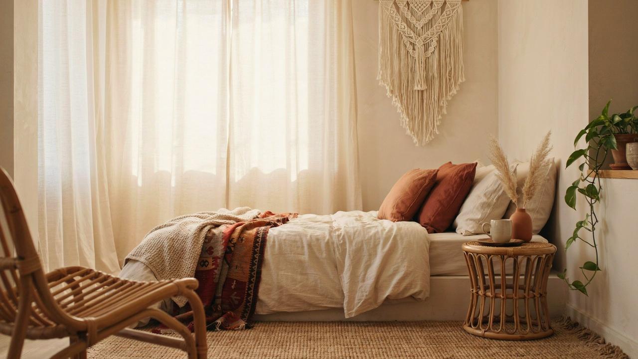 Boho bedroom nook with daybed, rust pillows, rattan tables, macrame hanging, sheer curtains, pampas vase