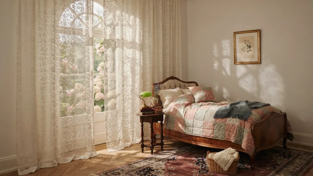 Delicate lace curtains with decorative openwork patterns.
