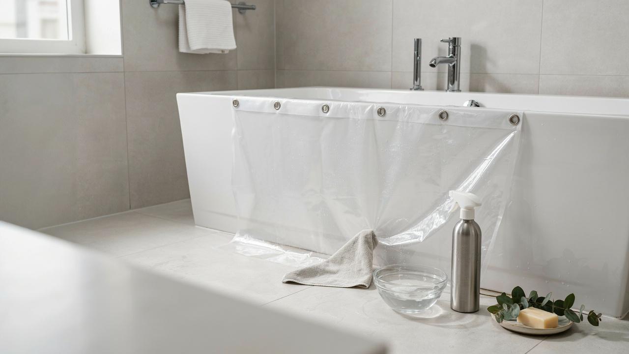 PEVA shower curtain being gently cleaned with soap and a microfiber cloth in a modern bathroom.