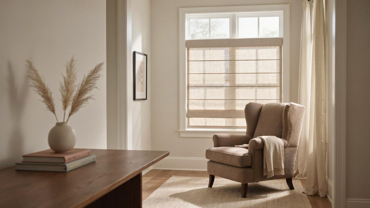 Front-slat Roman shade with horizontal slats and structured folds over a living room window.