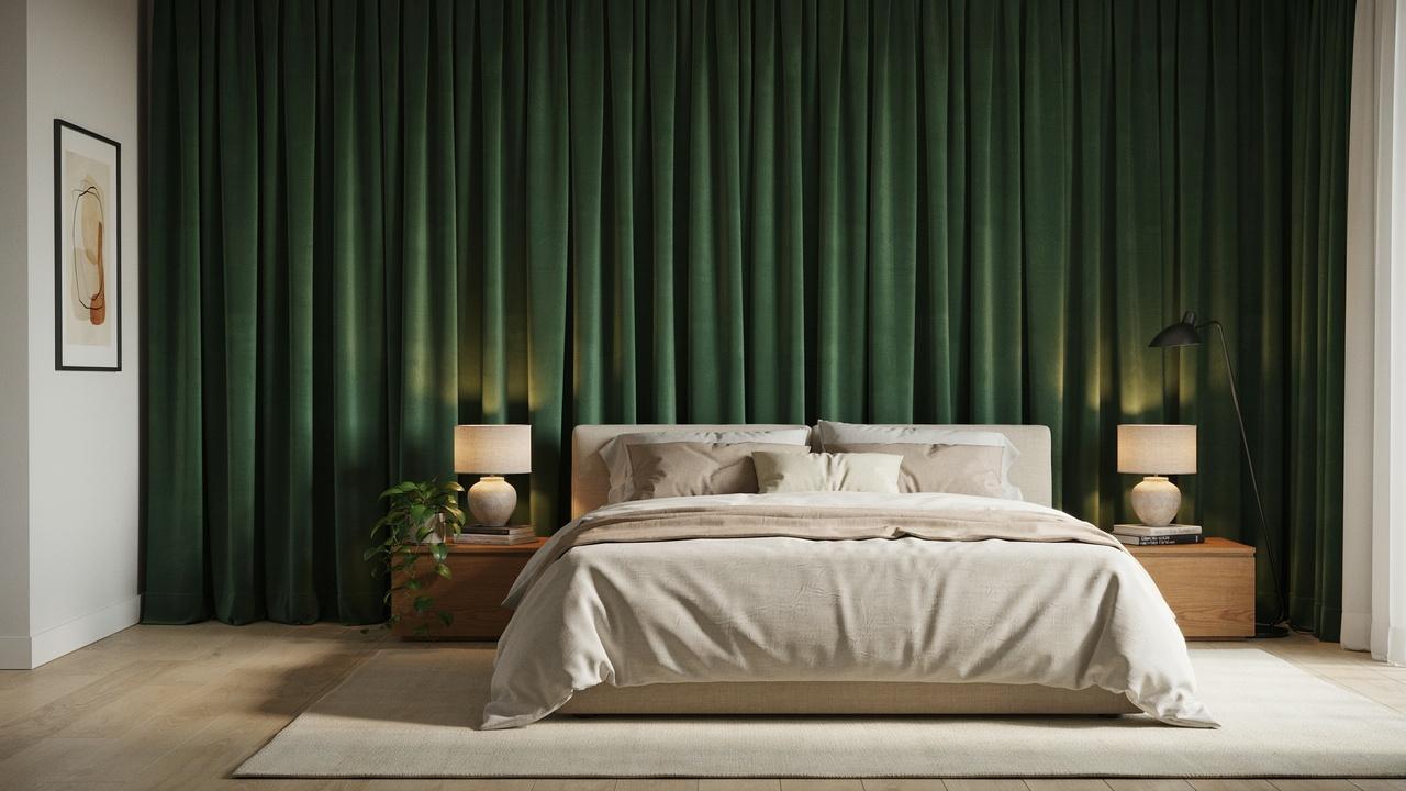 Modern bedroom with beige bed, emerald green velvet curtains, wood nightstands, ceramic table lamps.