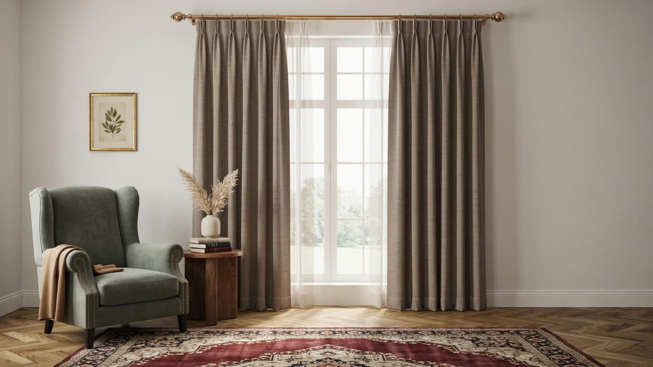 Traverse curtain rod supporting heavy drapes across a wide living room window.