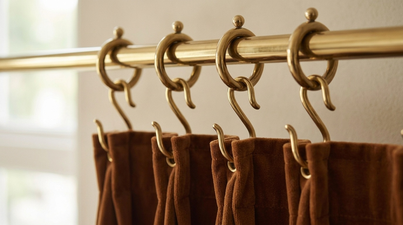 Close-up brass S-hook curtain rings on gold rod holding brown velvet curtains