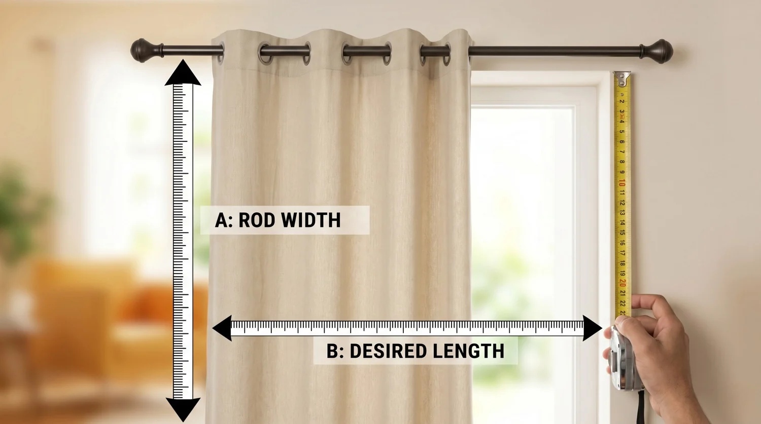 Instructional image showing how to measure curtain rod width and desired length with tape measure and arrows.
