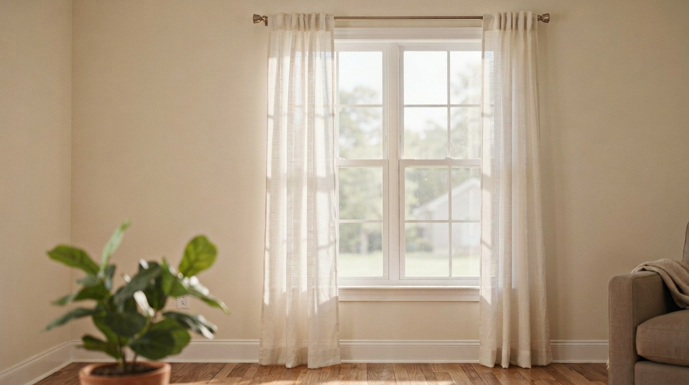 Measuring curtain length from the mounted rod to the floor for accurate panel sizing.