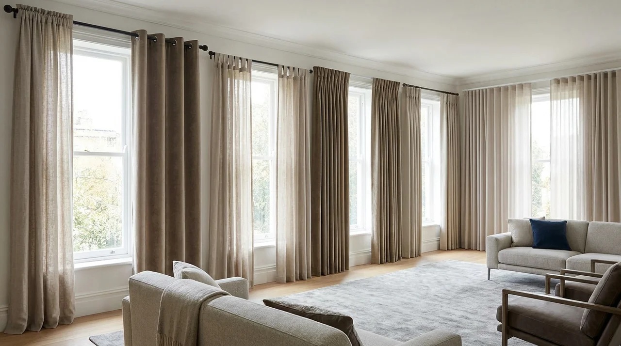 Different curtain top styles displayed across elegant windows in a stylish home.