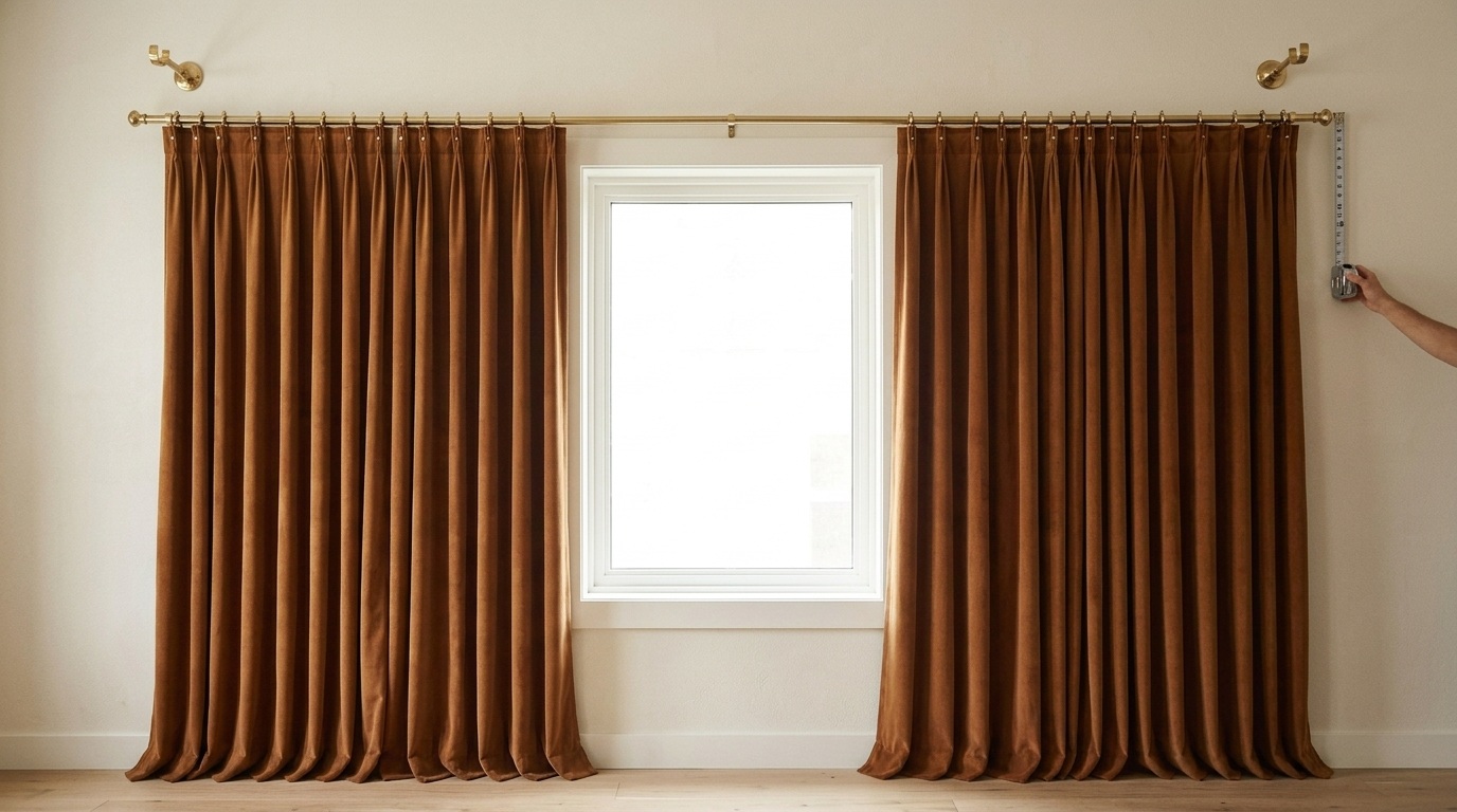 Brown velvet pinch pleat curtains on brass rod measuring length with tape measure beside bright window