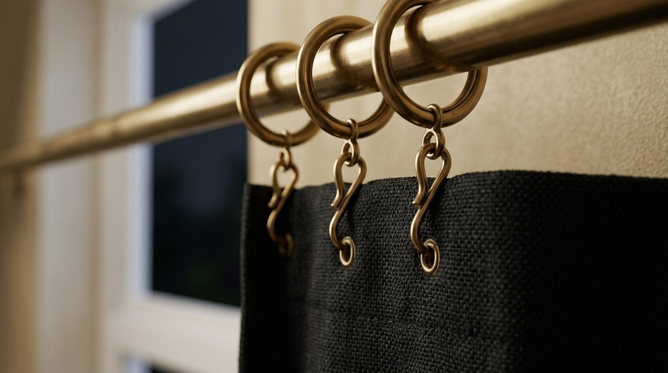 Brass curtain rings and S-hooks on gold rod holding black linen curtain panel near window