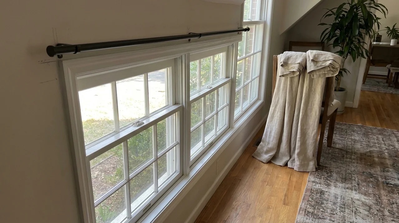 Window measurement showing curtain width, mounting height, rod extension, and panel length.