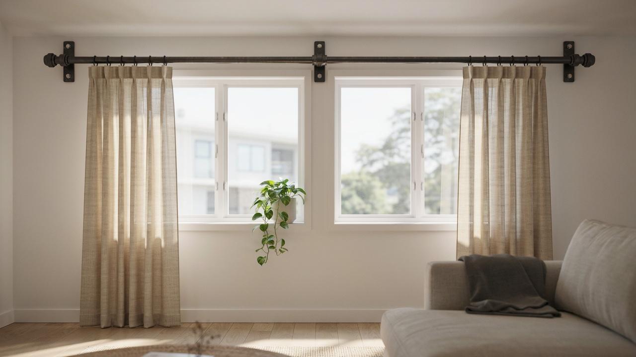 Matte black electrical conduit used as a DIY curtain rod.