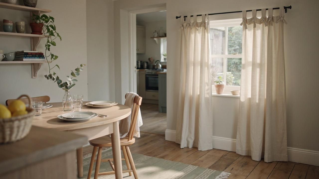 Tie-top curtains secured to a rod with visible fabric bows.