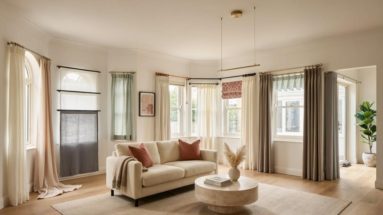 A modern interior showing 11 distinct curtain rod styles with varied designs, finishes, and mounting methods.