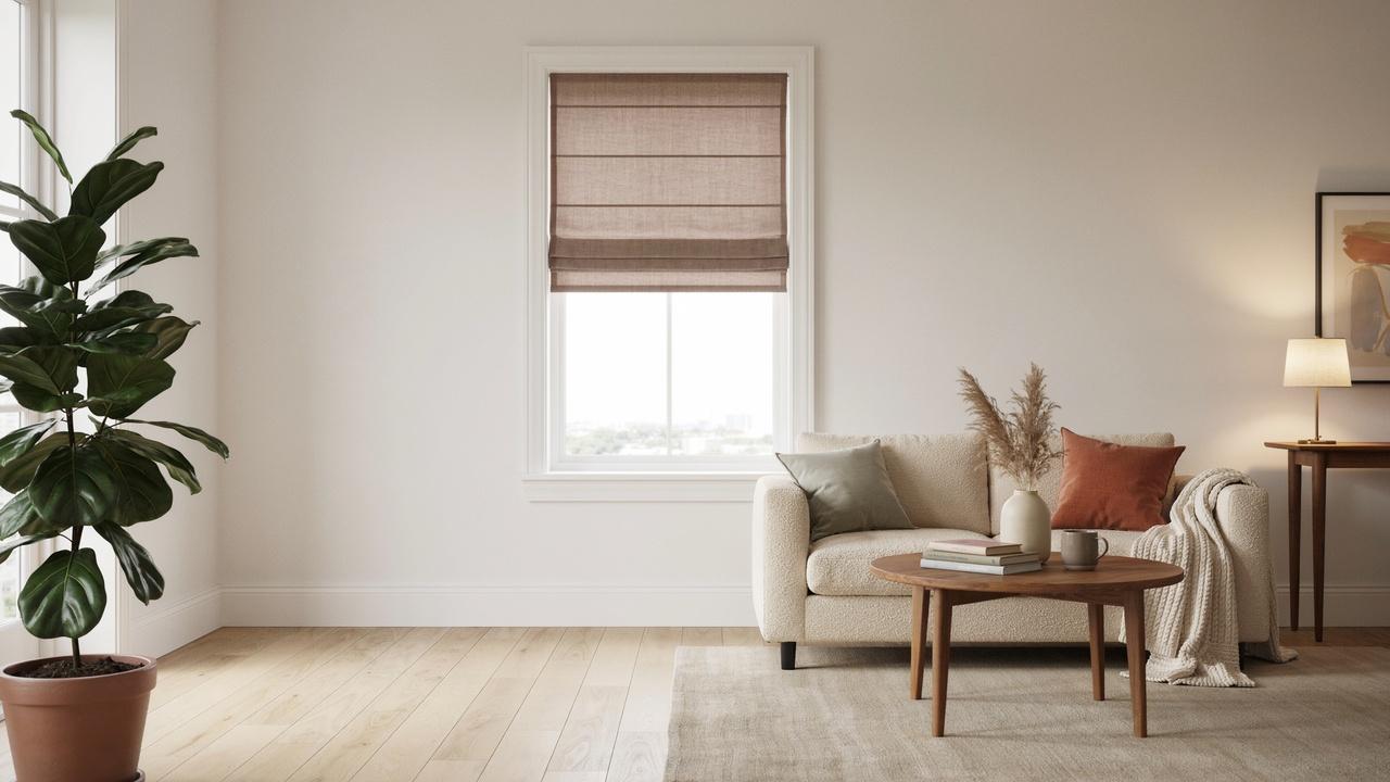 Roman shade providing window privacy while softly filtering daylight into a living room.