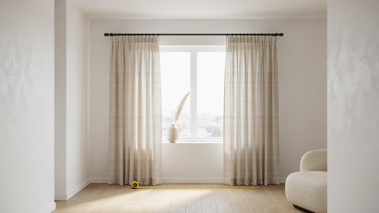 Minimalist room with beige linen curtains on black rod, window vase with pampas, tape measure on wood floor.