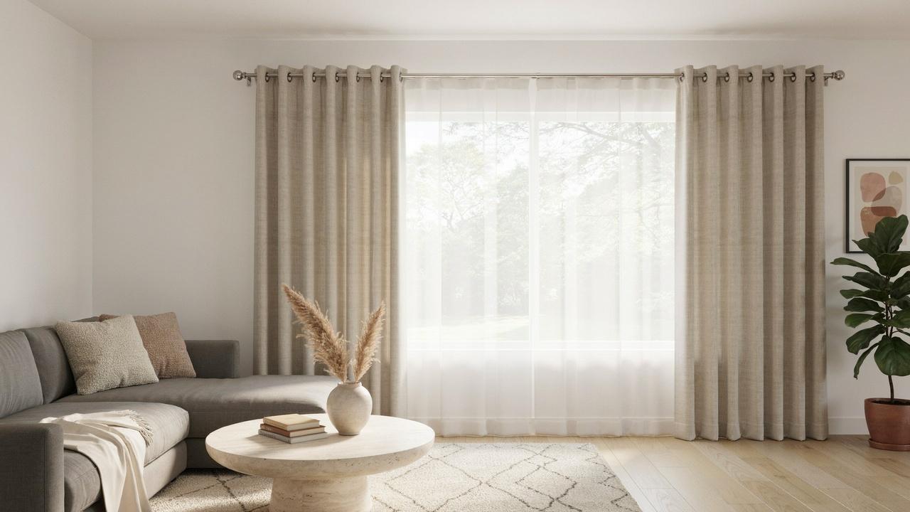 Grommet curtains with evenly spaced metal rings on a curtain rod.