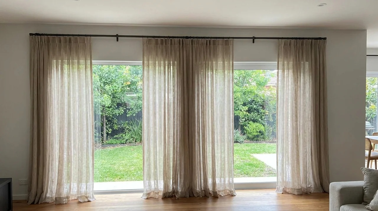 Curtain rod brackets evenly spaced with center support across a wide window.