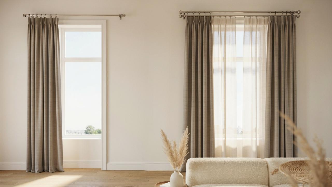 Side-by-side interior showing single and double curtain rods with different curtain layering options.