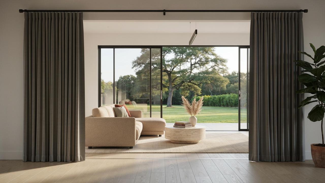 Dark gray curtains open to reveal sunlit patio with beige sectional sofa, oak tree lawn view, large potted plant.