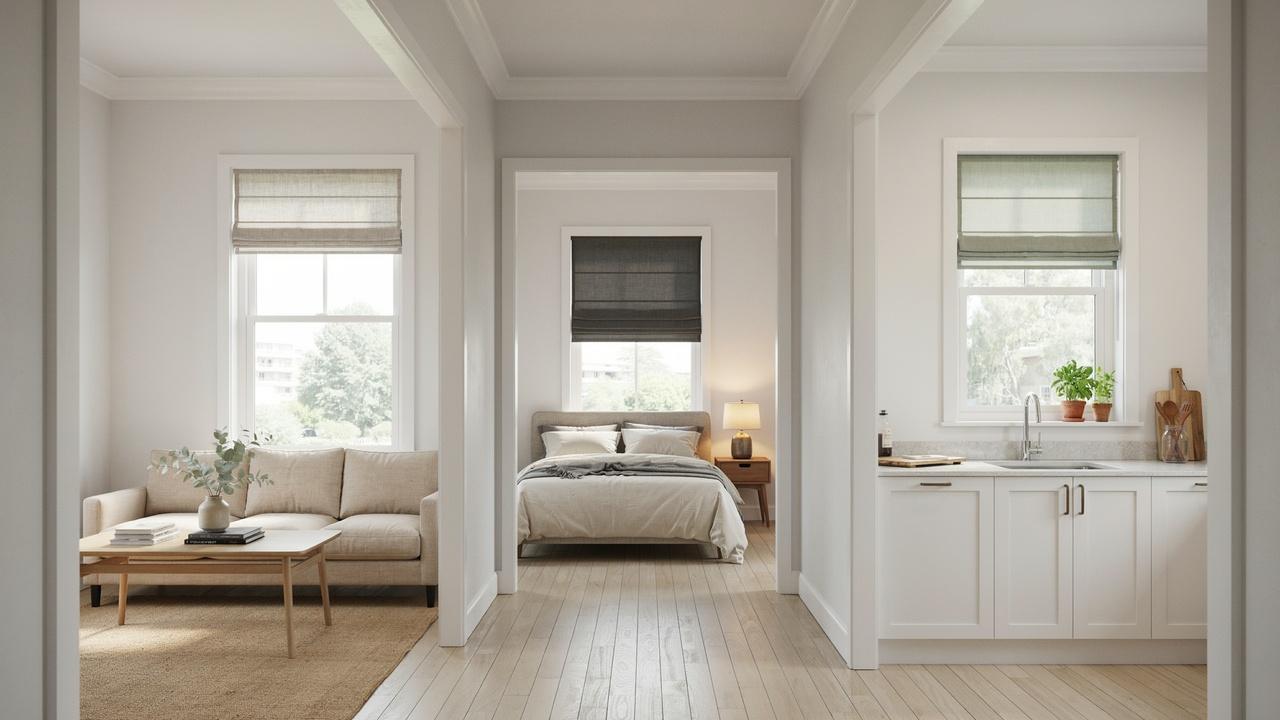 Roman shades suited to a living room, bedroom, and kitchen with different light-control needs.