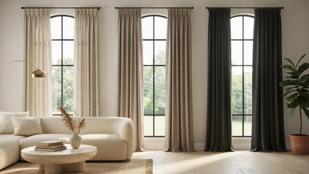 Floor-length, slight-break, and puddled curtains displaying three different interior styling options.