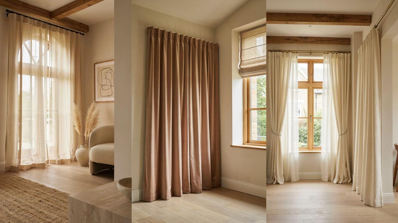A collage showing 3 different curtain styles and fabrics in varied modern home interiors.
