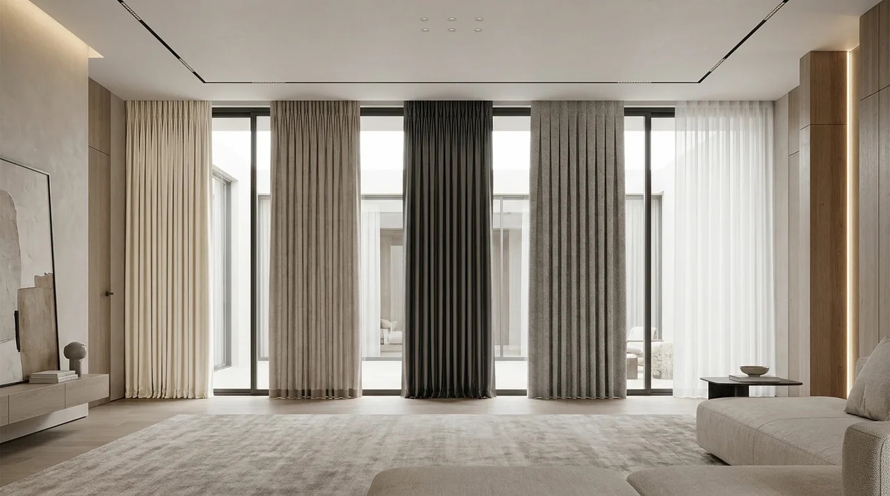 Different curtain pleat styles displayed across elegant windows in a modern living room.