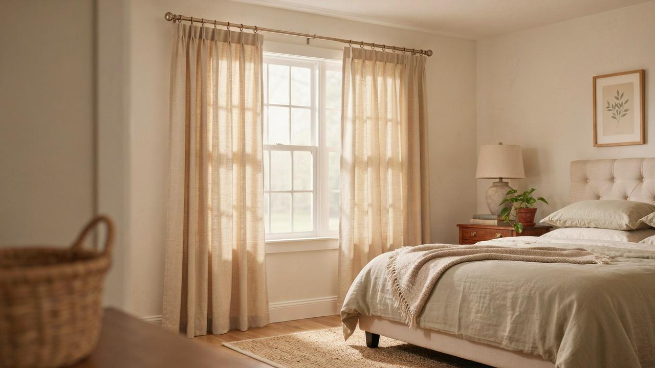 Rod pocket curtains gathered around a simple curtain rod.