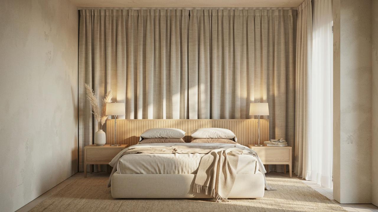 Luxury minimalist bedroom with beige linen bed, wood headboard, chrome lamps, sheer curtains.