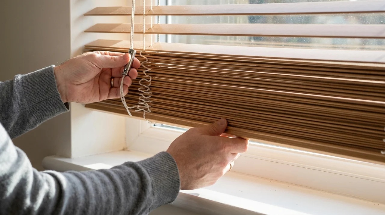 Person gently lowering horizontal blinds while controlling the lift cord by hand.