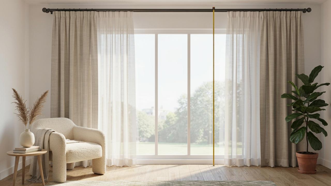 Measuring curtain length from a window rod toward the floor with a tape measure.