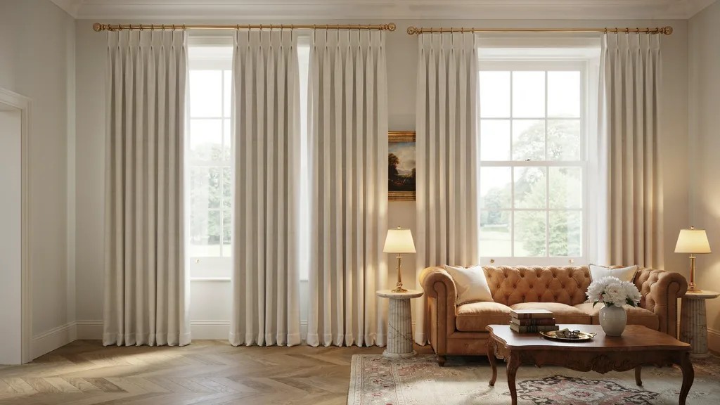 Classic pinch pleat curtains with structured folds in an elegant room.