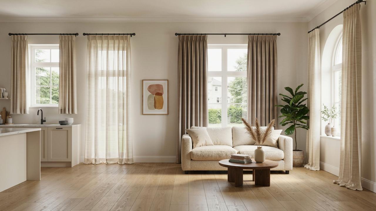 Home interiors showing common curtain lengths from sill-length to floor-length and pooled styles.